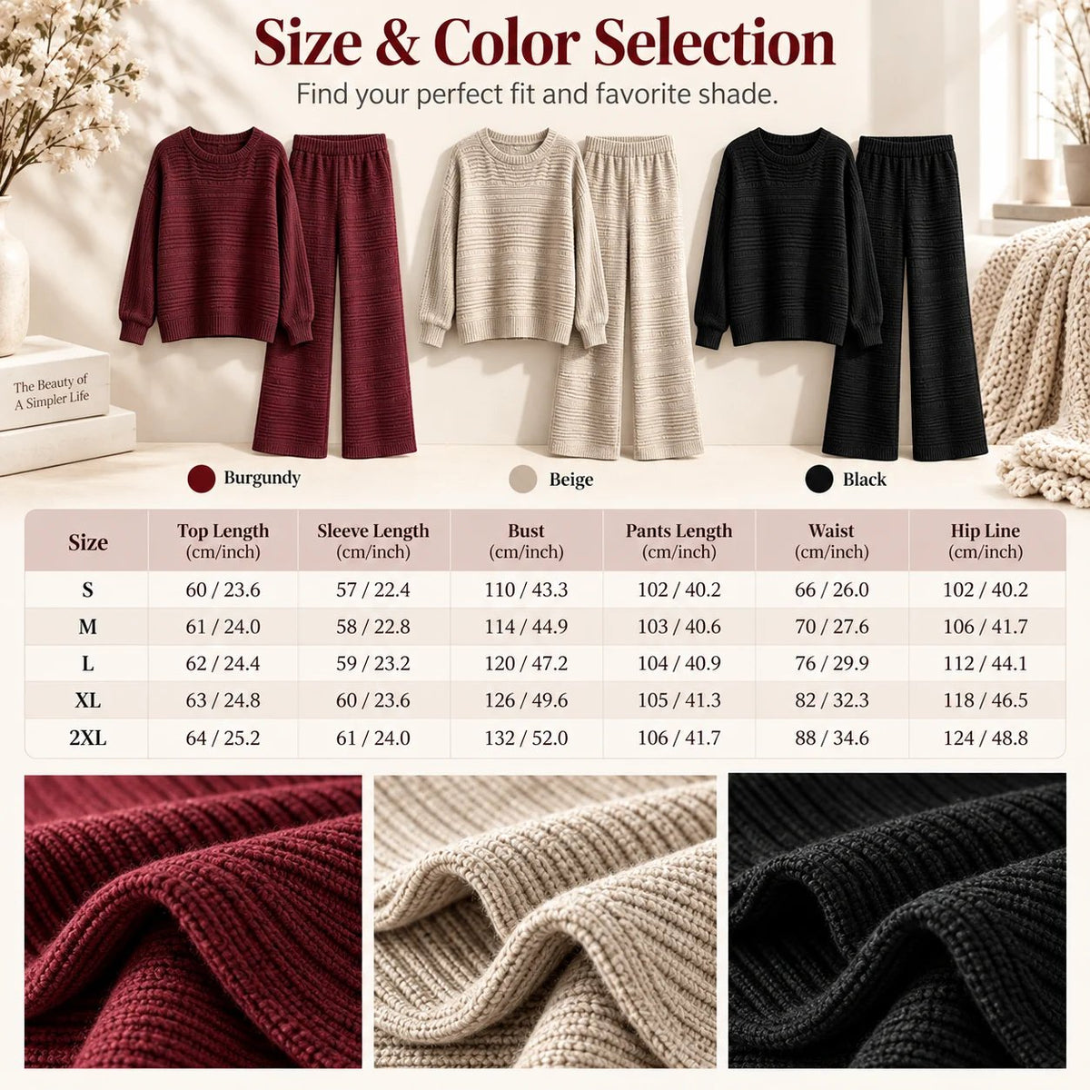 Autumn Winter Ribbed Knit Two-Piece Set Women's Casual Long Sleeve Top and Wide Leg Pants
