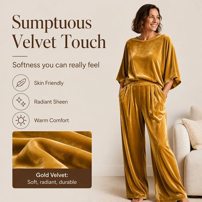 Women's velvet half-sleeve top and wide-leg pants set