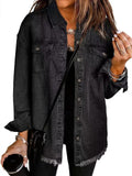 Autumn Street-Style Washed Denim Shirt Jacket with Frayed Hem