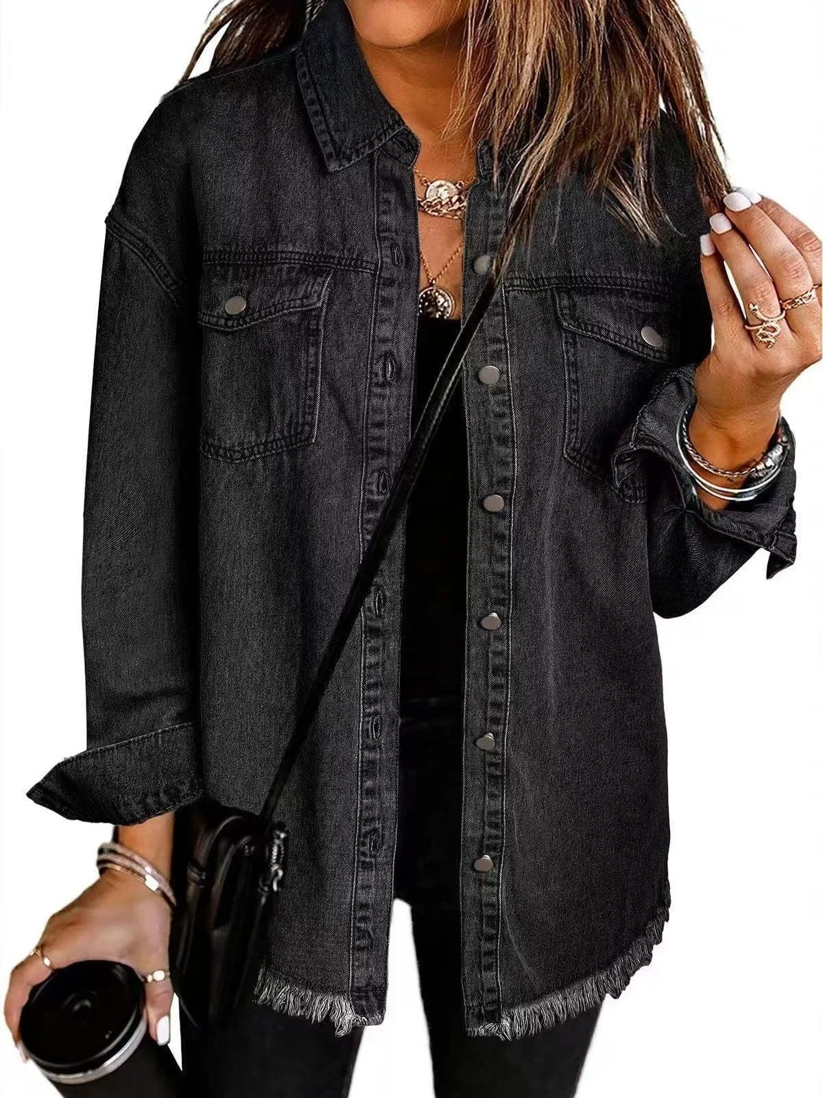 Autumn Street-Style Washed Denim Shirt Jacket with Frayed Hem