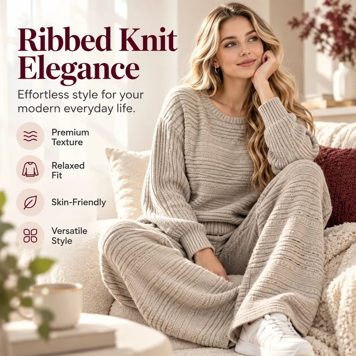 Autumn Winter Ribbed Knit Two-Piece Set Women's Casual Long Sleeve Top and Wide Leg Pants