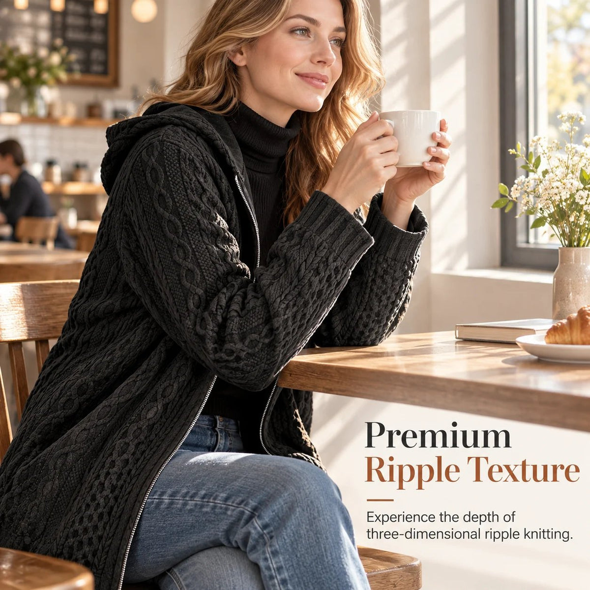 Women's Textured Cable Knit Hooded Zip Cardigan Loose Fit Casual Coat with Pockets