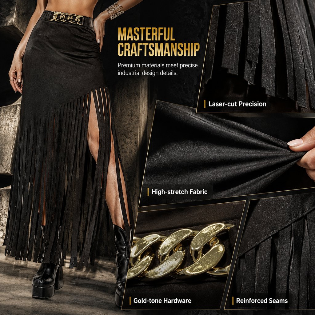 2026 Dark Punk Aesthetic Fringe Midi Skirt with Gold Chain Belt Detail