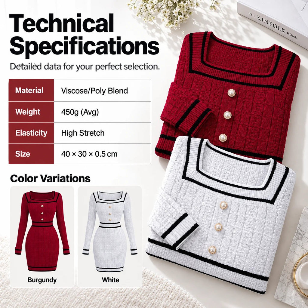 Elegant European-style autumn/winter knit top featuring a square neck, button-front, and long sleeves, paired with a form-fitting skirt.