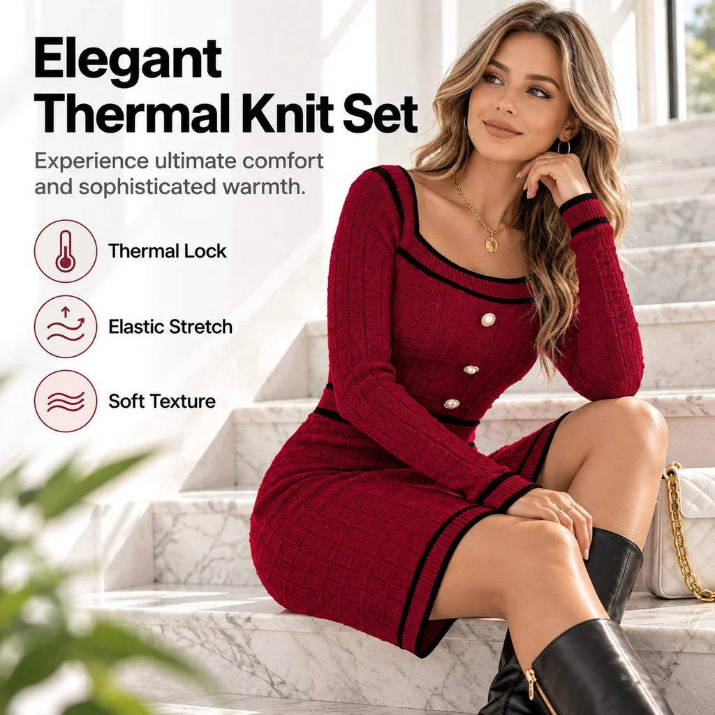 Elegant European-style autumn/winter knit top featuring a square neck, button-front, and long sleeves, paired with a form-fitting skirt.