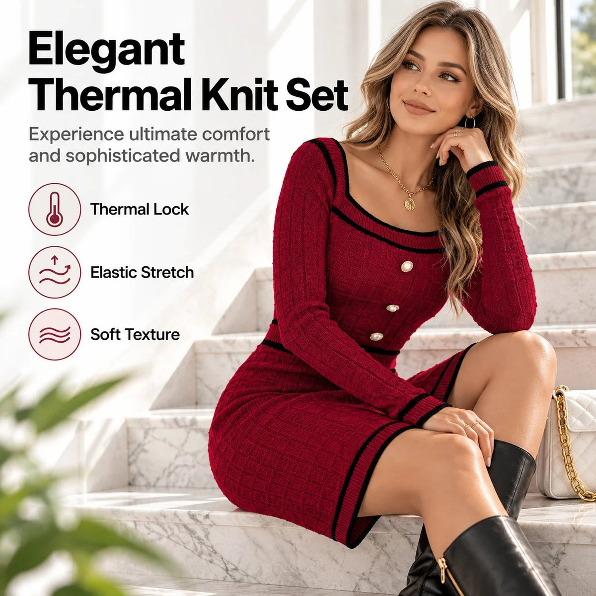 Elegant European-style autumn/winter knit top featuring a square neck, button-front, and long sleeves, paired with a form-fitting skirt.