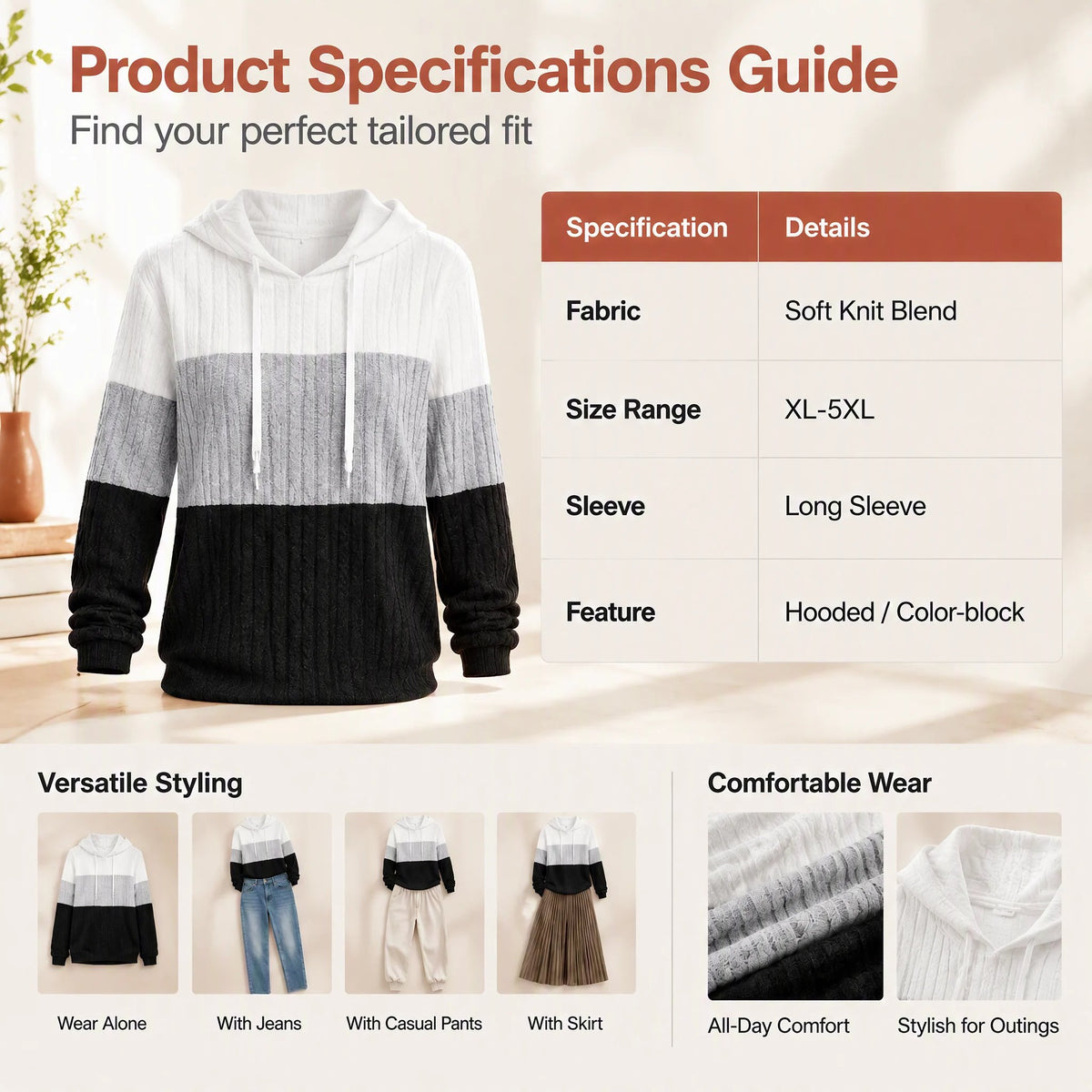 Color Block Hooded Long Sleeve Knit Sweater