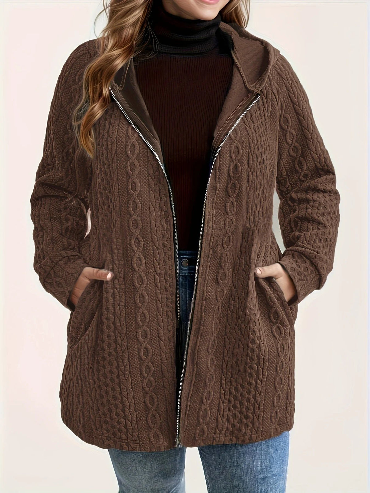 Women's Textured Cable Knit Hooded Zip Cardigan Loose Fit Casual Coat with Pockets