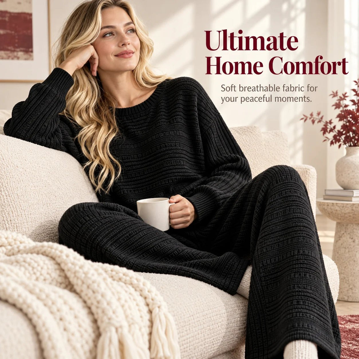 Autumn Winter Ribbed Knit Two-Piece Set Women's Casual Long Sleeve Top and Wide Leg Pants