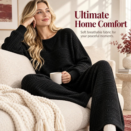 Autumn Winter Ribbed Knit Two-Piece Set Women's Casual Long Sleeve Top and Wide Leg Pants