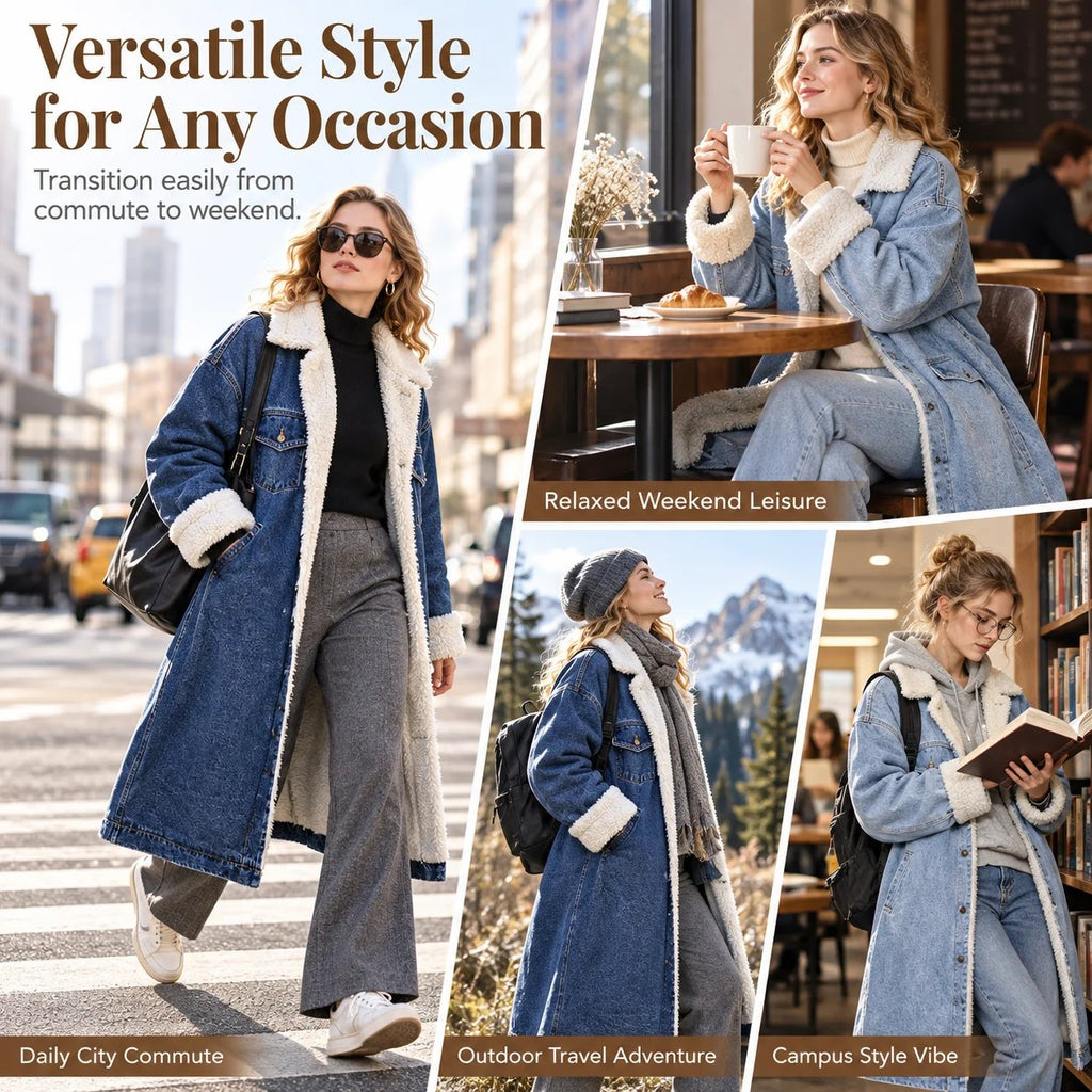 Winter Thickened Lamb Wool Lined Long Denim Jacket for Women