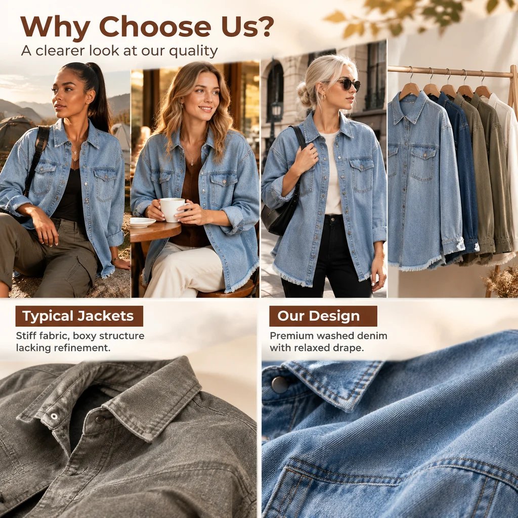 Autumn Street-Style Washed Denim Shirt Jacket with Frayed Hem