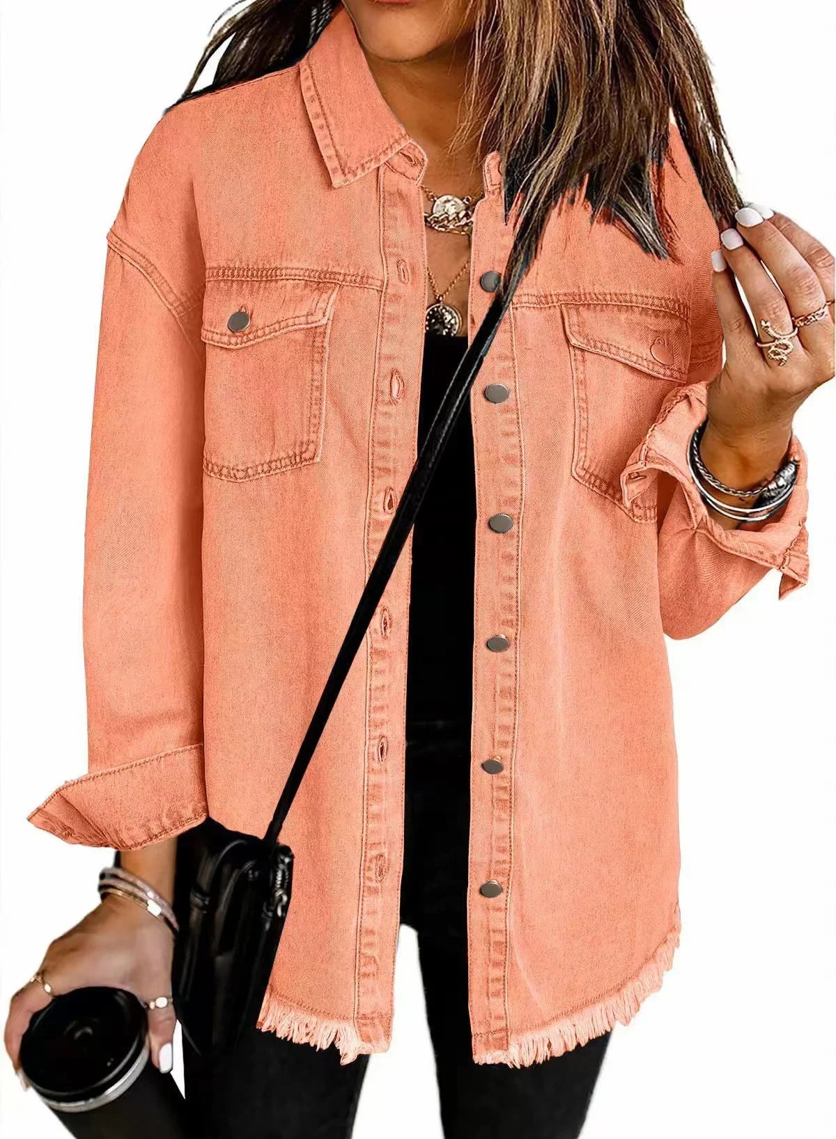 Autumn Street-Style Washed Denim Shirt Jacket with Frayed Hem