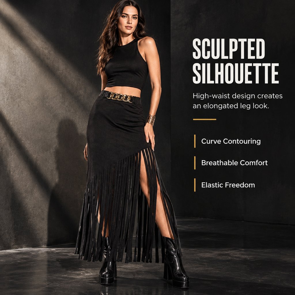 2026 Dark Punk Aesthetic Fringe Midi Skirt with Gold Chain Belt Detail