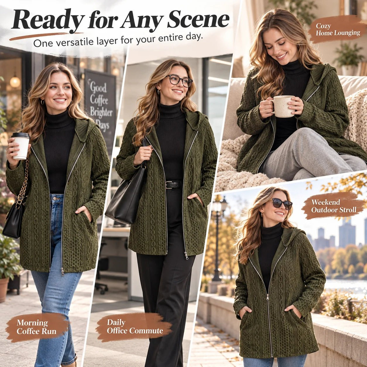 Women's Textured Cable Knit Hooded Zip Cardigan Loose Fit Casual Coat with Pockets