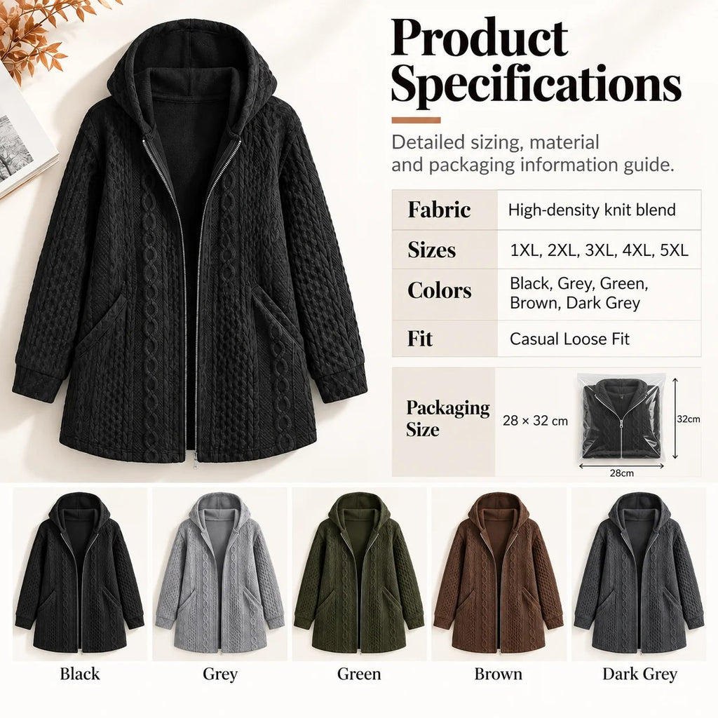 Women's Textured Cable Knit Hooded Zip Cardigan Loose Fit Casual Coat with Pockets