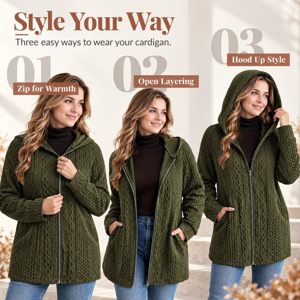 Women's Textured Cable Knit Hooded Zip Cardigan Loose Fit Casual Coat with Pockets
