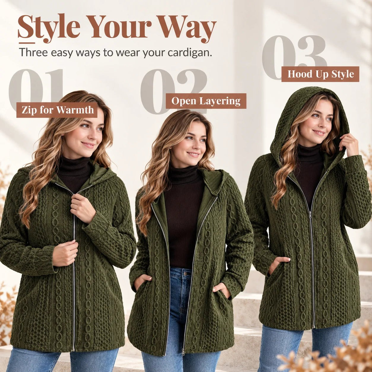 Women's Textured Cable Knit Hooded Zip Cardigan Loose Fit Casual Coat with Pockets