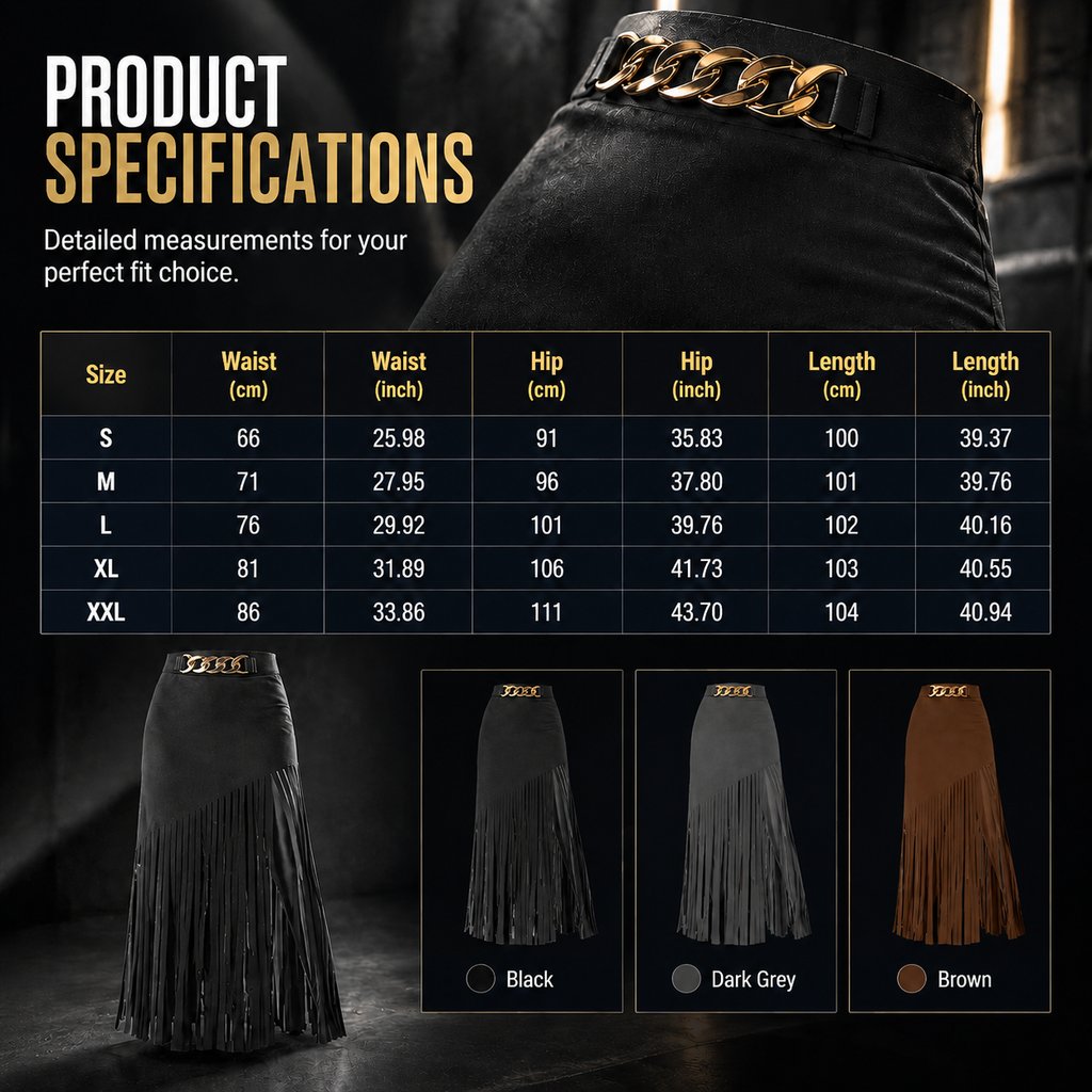 2026 Dark Punk Aesthetic Fringe Midi Skirt with Gold Chain Belt Detail