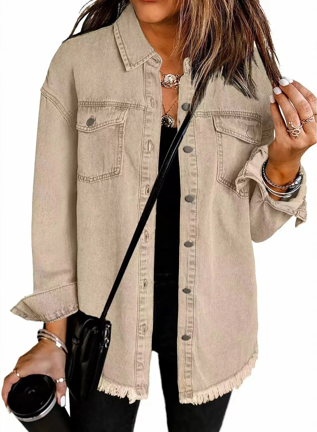 Autumn Street-Style Washed Denim Shirt Jacket with Frayed Hem