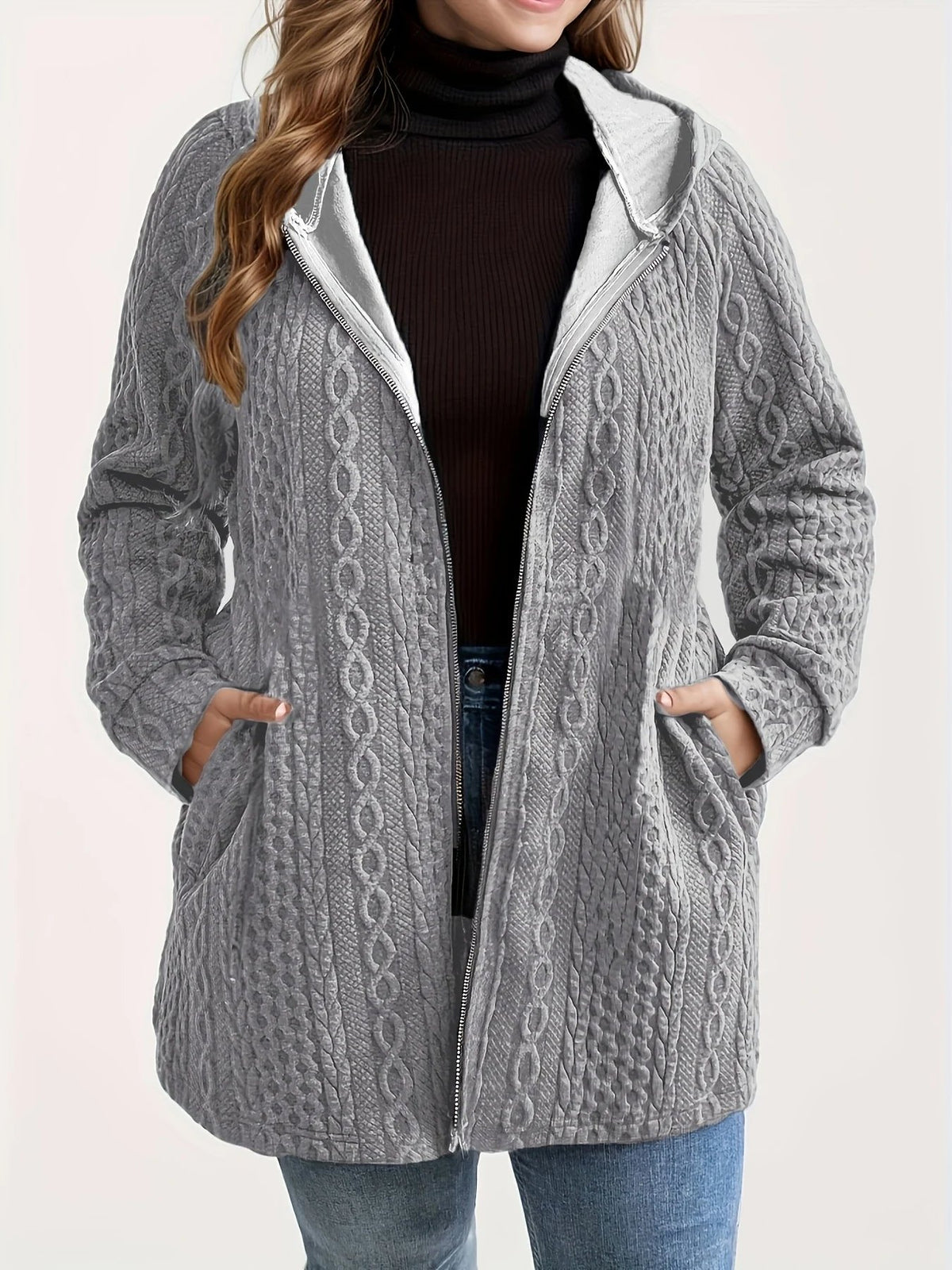 Women's Textured Cable Knit Hooded Zip Cardigan Loose Fit Casual Coat with Pockets