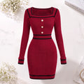 Elegant European-style autumn/winter knit top featuring a square neck, button-front, and long sleeves, paired with a form-fitting skirt.