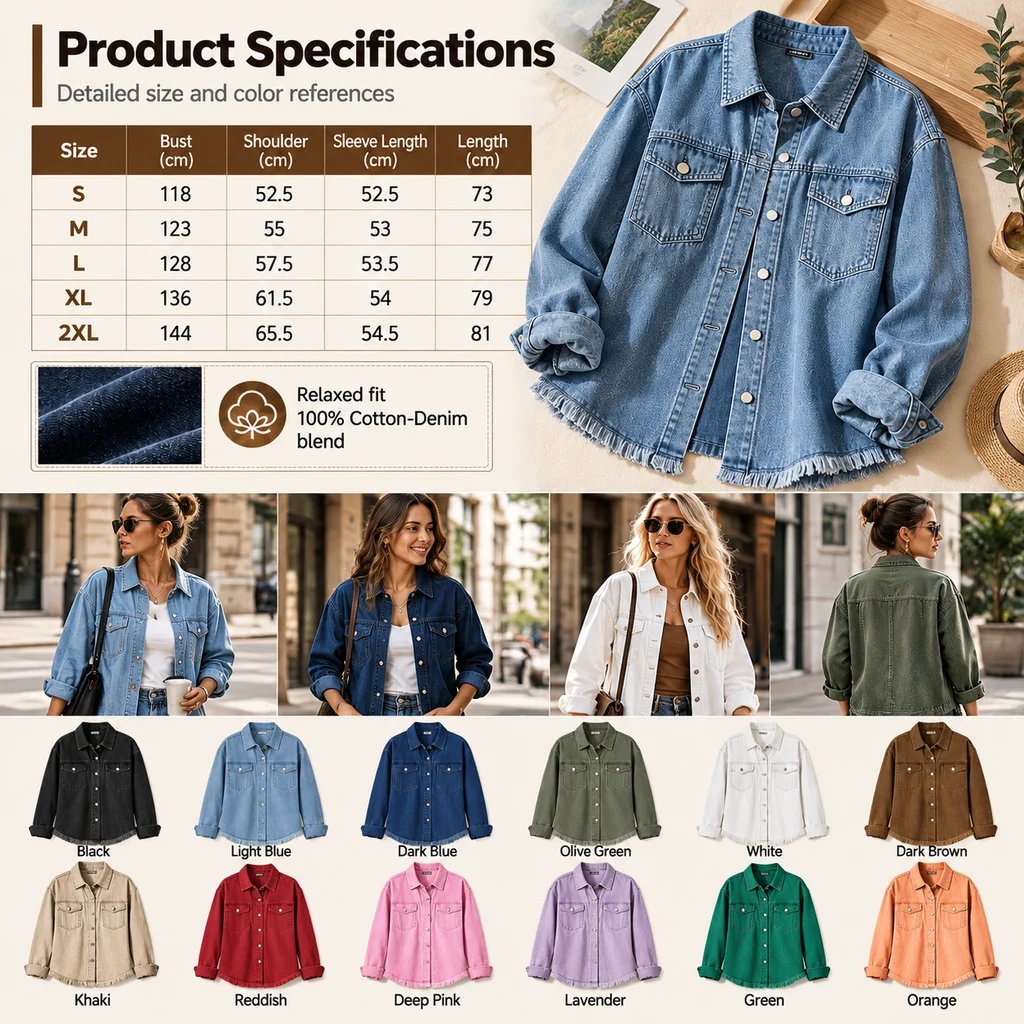 Autumn Street-Style Washed Denim Shirt Jacket with Frayed Hem