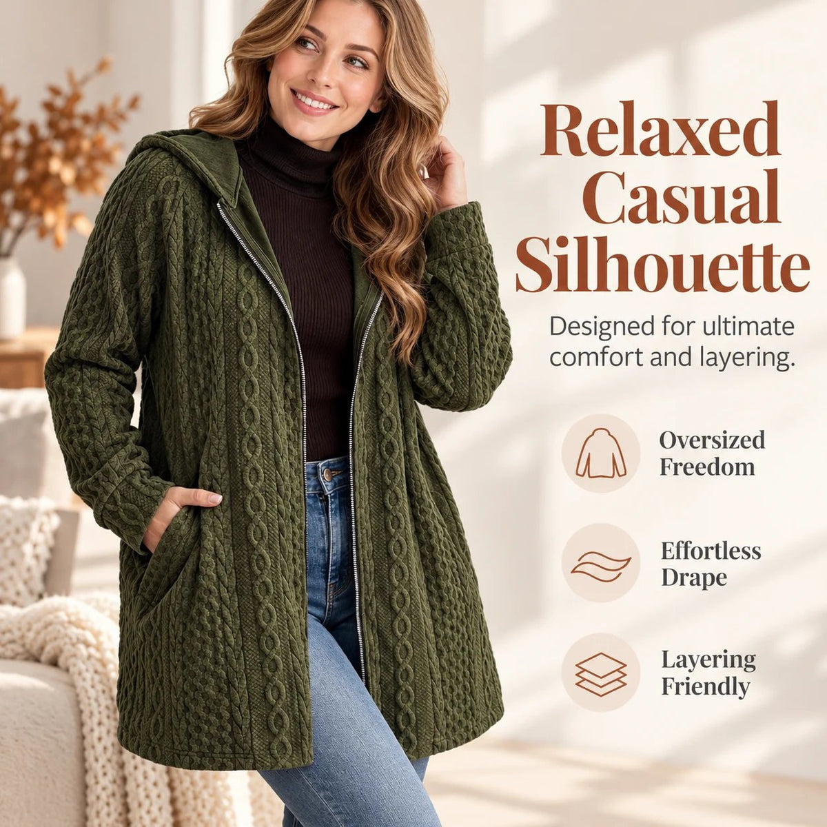 Women's Textured Cable Knit Hooded Zip Cardigan Loose Fit Casual Coat with Pockets