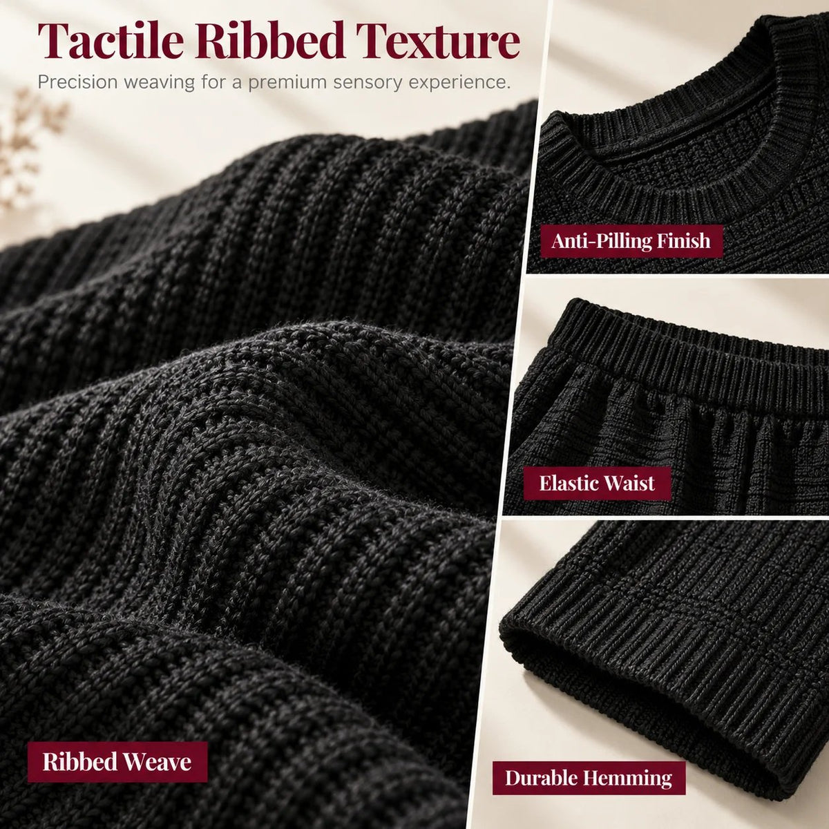 Autumn Winter Ribbed Knit Two-Piece Set Women's Casual Long Sleeve Top and Wide Leg Pants