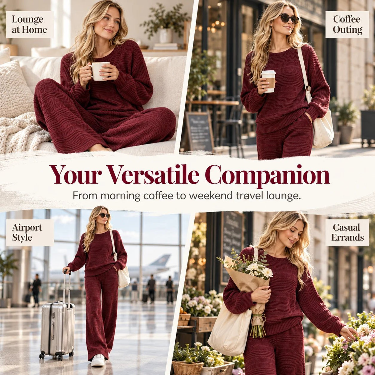 Autumn Winter Ribbed Knit Two-Piece Set Women's Casual Long Sleeve Top and Wide Leg Pants
