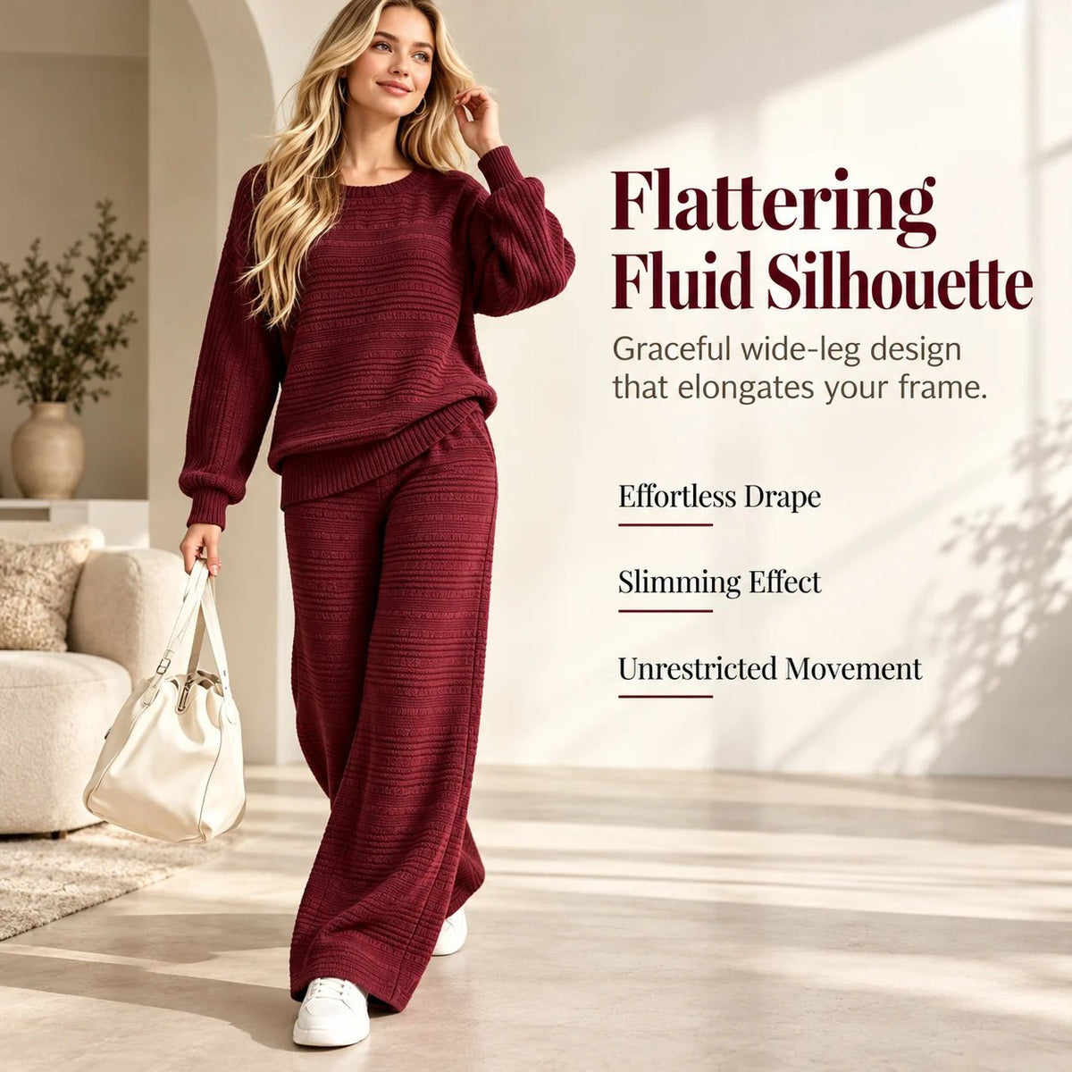 Autumn Winter Ribbed Knit Two-Piece Set Women's Casual Long Sleeve Top and Wide Leg Pants