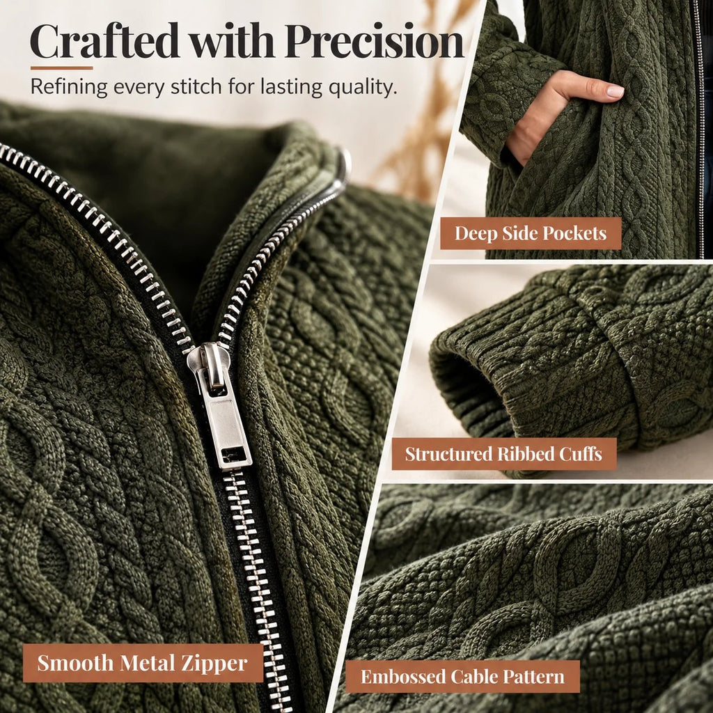 Women's Textured Cable Knit Hooded Zip Cardigan Loose Fit Casual Coat with Pockets