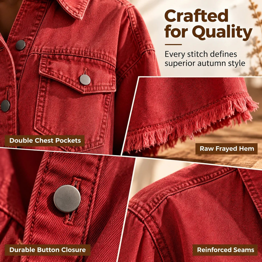 Autumn Street-Style Washed Denim Shirt Jacket with Frayed Hem