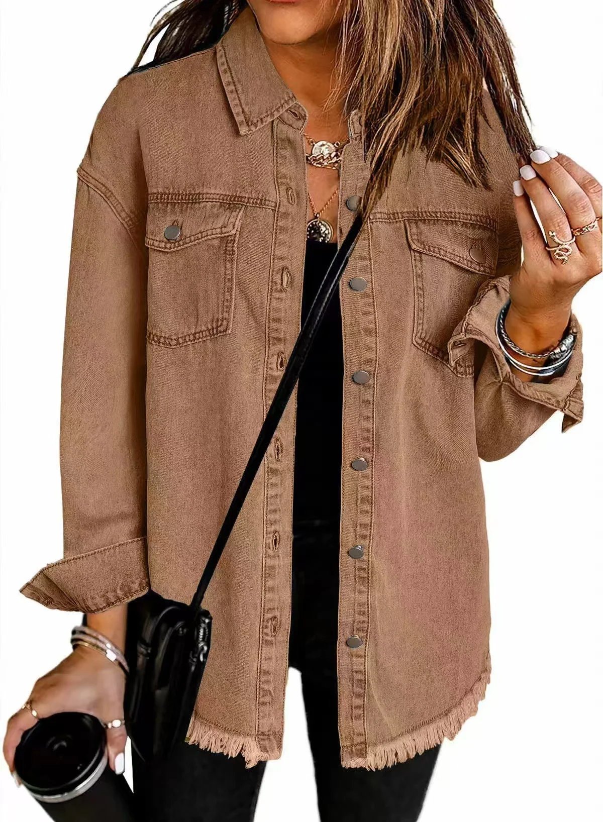 Autumn Street-Style Washed Denim Shirt Jacket with Frayed Hem