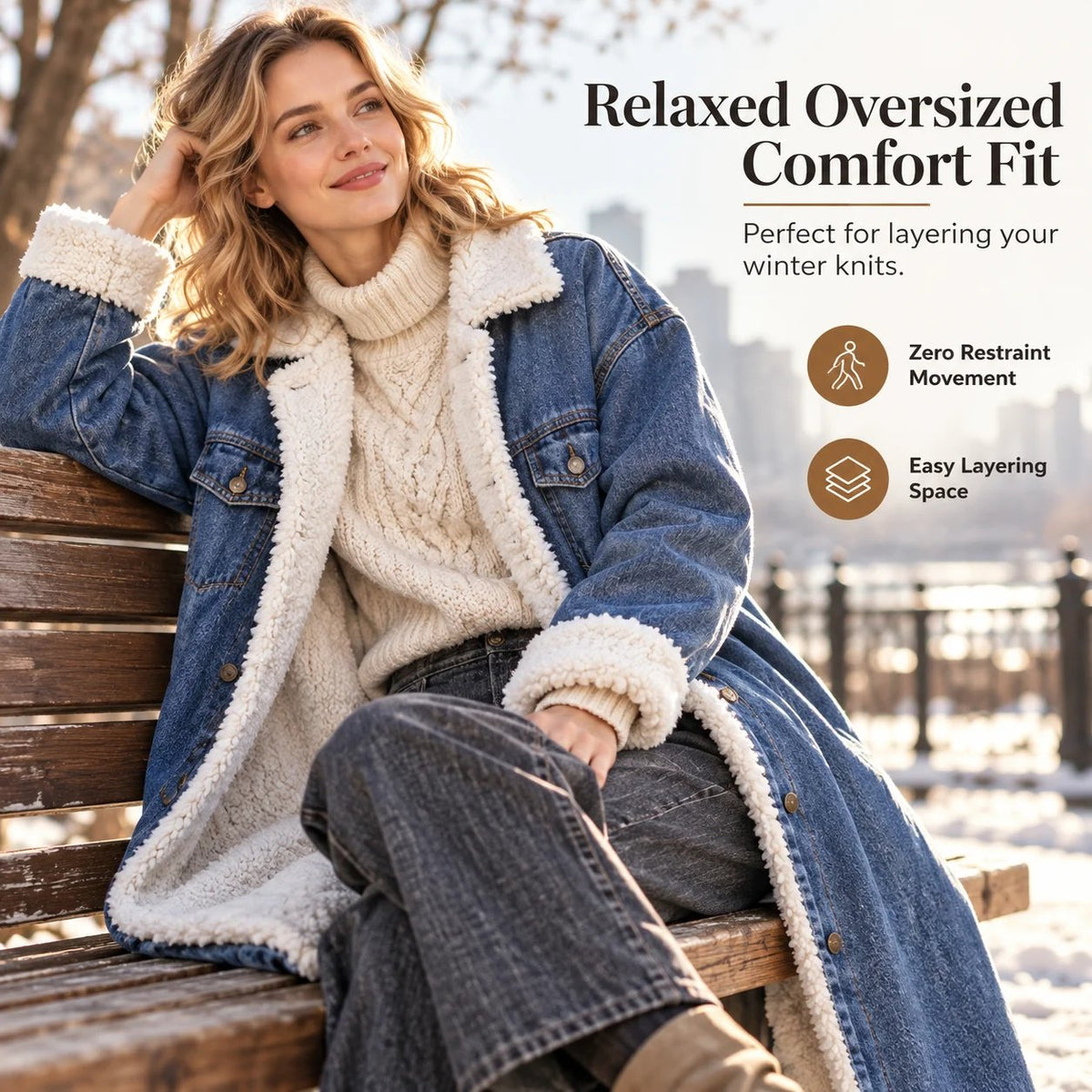 Winter Thickened Lamb Wool Lined Long Denim Jacket for Women