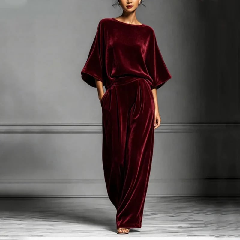 Women's velvet half-sleeve top and wide-leg pants set