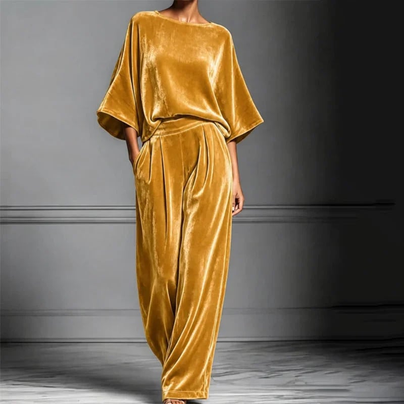 Women's velvet half-sleeve top and wide-leg pants set