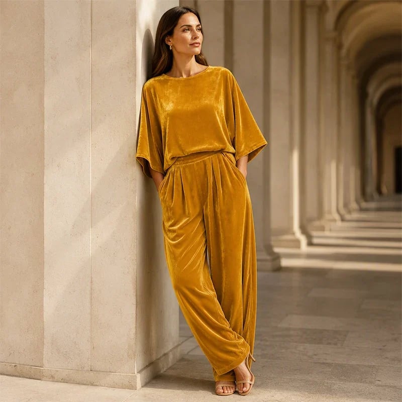 Women's velvet half-sleeve top and wide-leg pants set