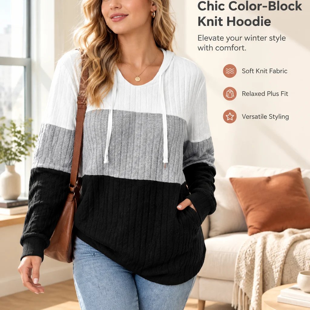Color Block Hooded Long Sleeve Knit Sweater