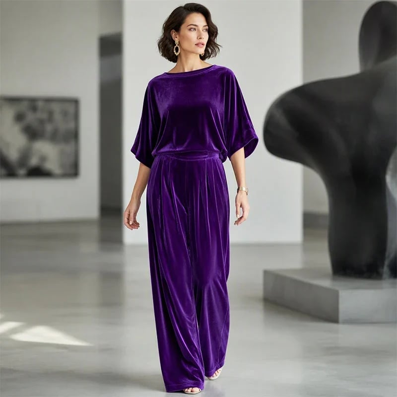 Women's velvet half-sleeve top and wide-leg pants set