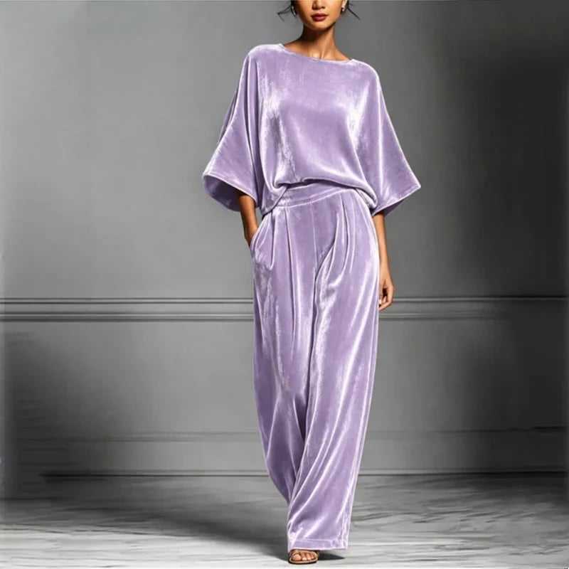 Women's velvet half-sleeve top and wide-leg pants set