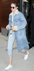 Winter Thickened Lamb Wool Lined Long Denim Jacket for Women