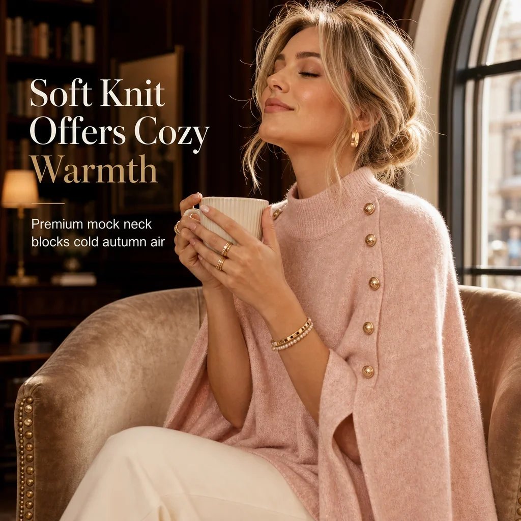 Women's Buttoned Knit Cape Poncho Sweater