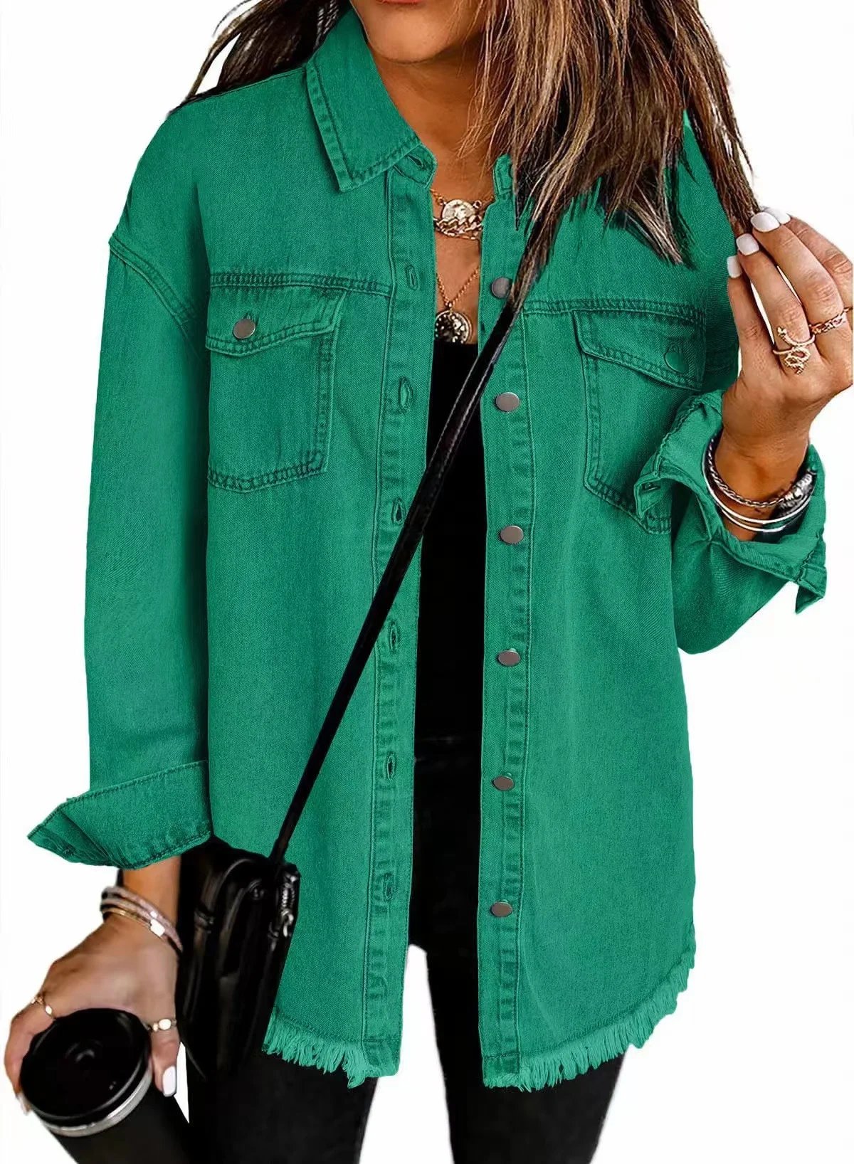 Autumn Street-Style Washed Denim Shirt Jacket with Frayed Hem