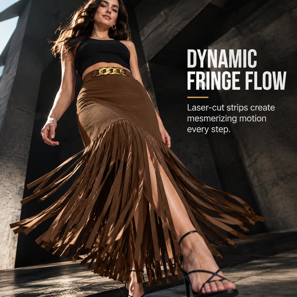 2026 Dark Punk Aesthetic Fringe Midi Skirt with Gold Chain Belt Detail