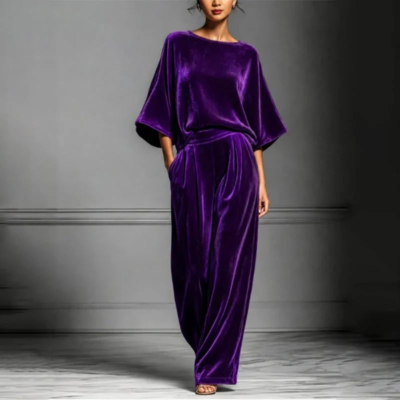Women's velvet half-sleeve top and wide-leg pants set