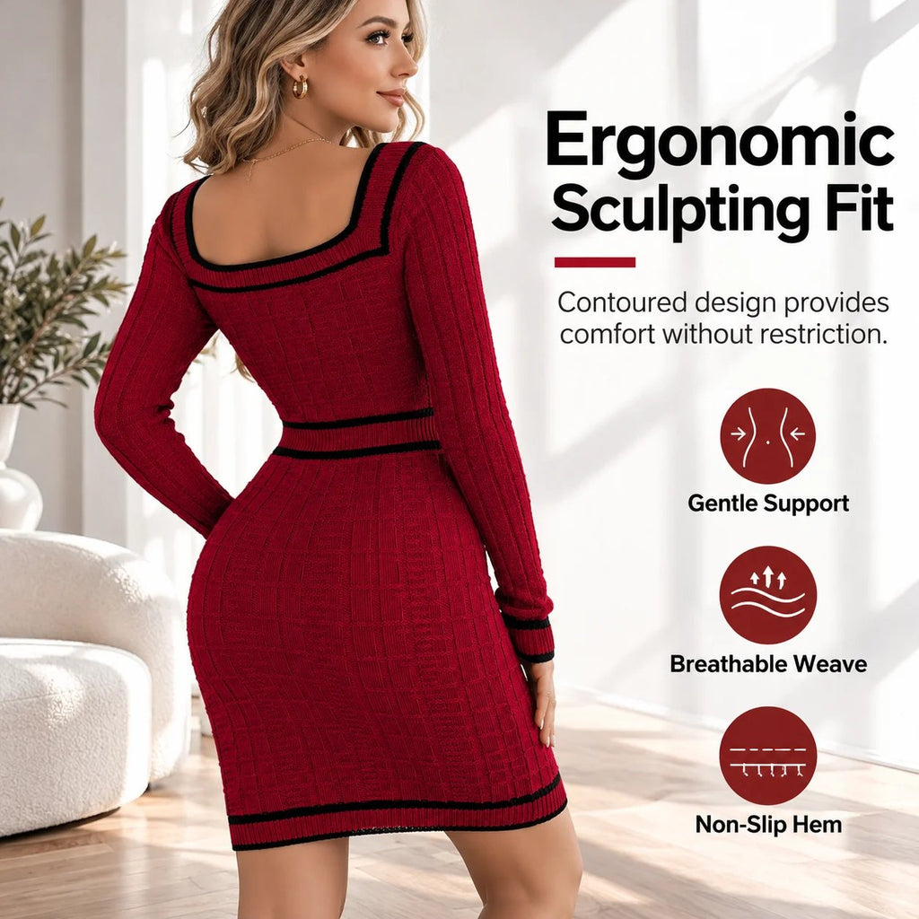 Elegant European-style autumn/winter knit top featuring a square neck, button-front, and long sleeves, paired with a form-fitting skirt.