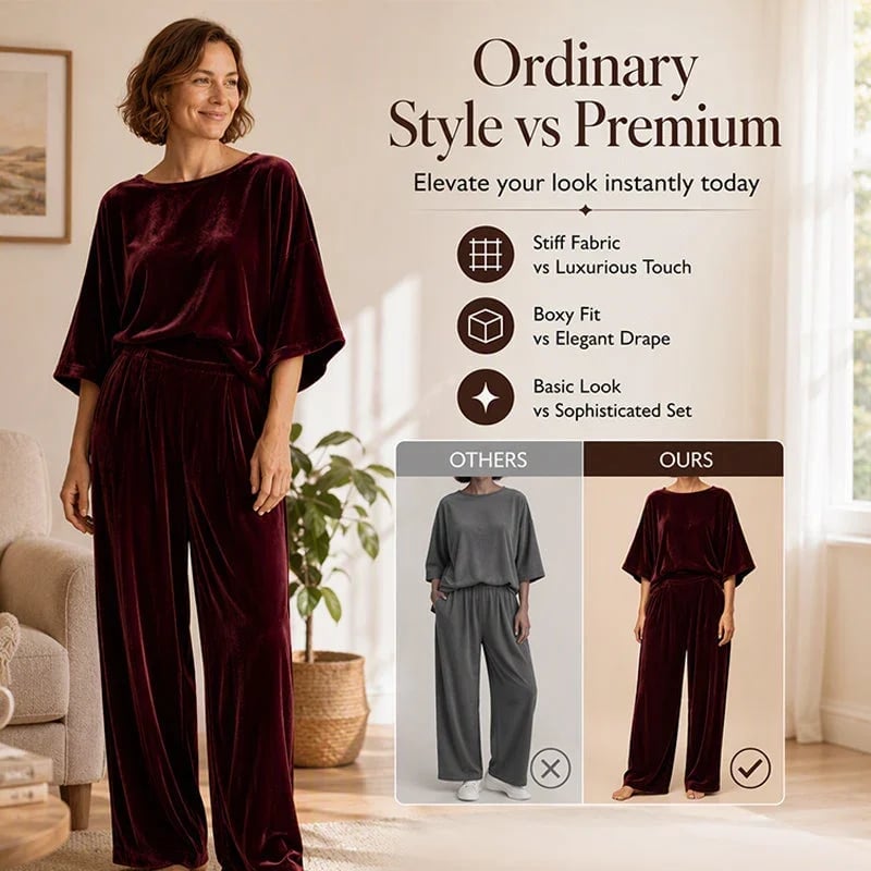Women's velvet half-sleeve top and wide-leg pants set
