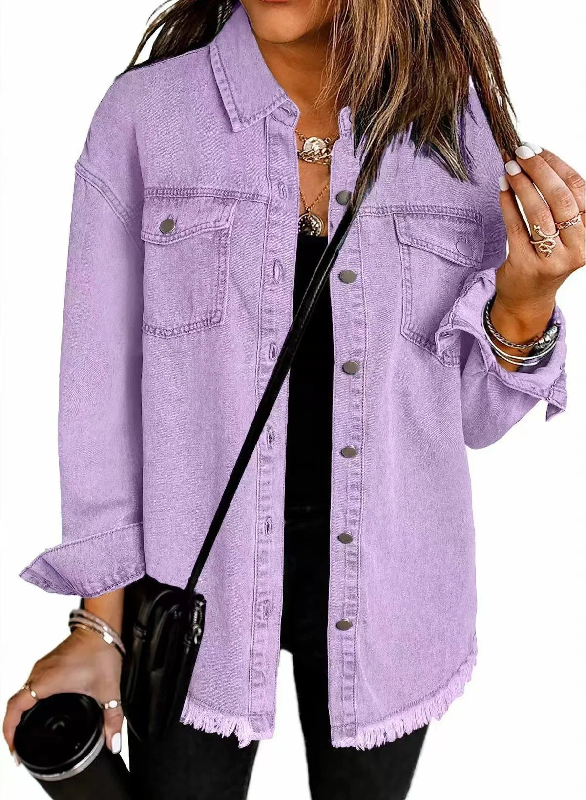 Autumn Street-Style Washed Denim Shirt Jacket with Frayed Hem