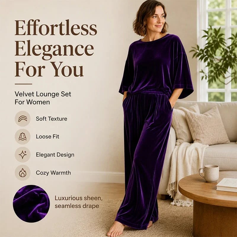 Women's velvet half-sleeve top and wide-leg pants set